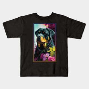 Rottweiler Dog Vibrant Tropical Flower Tall Digital Oil Painting Portrait Kids T-Shirt